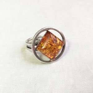 Sterling Silver Amber Ring 6.5 Square Round